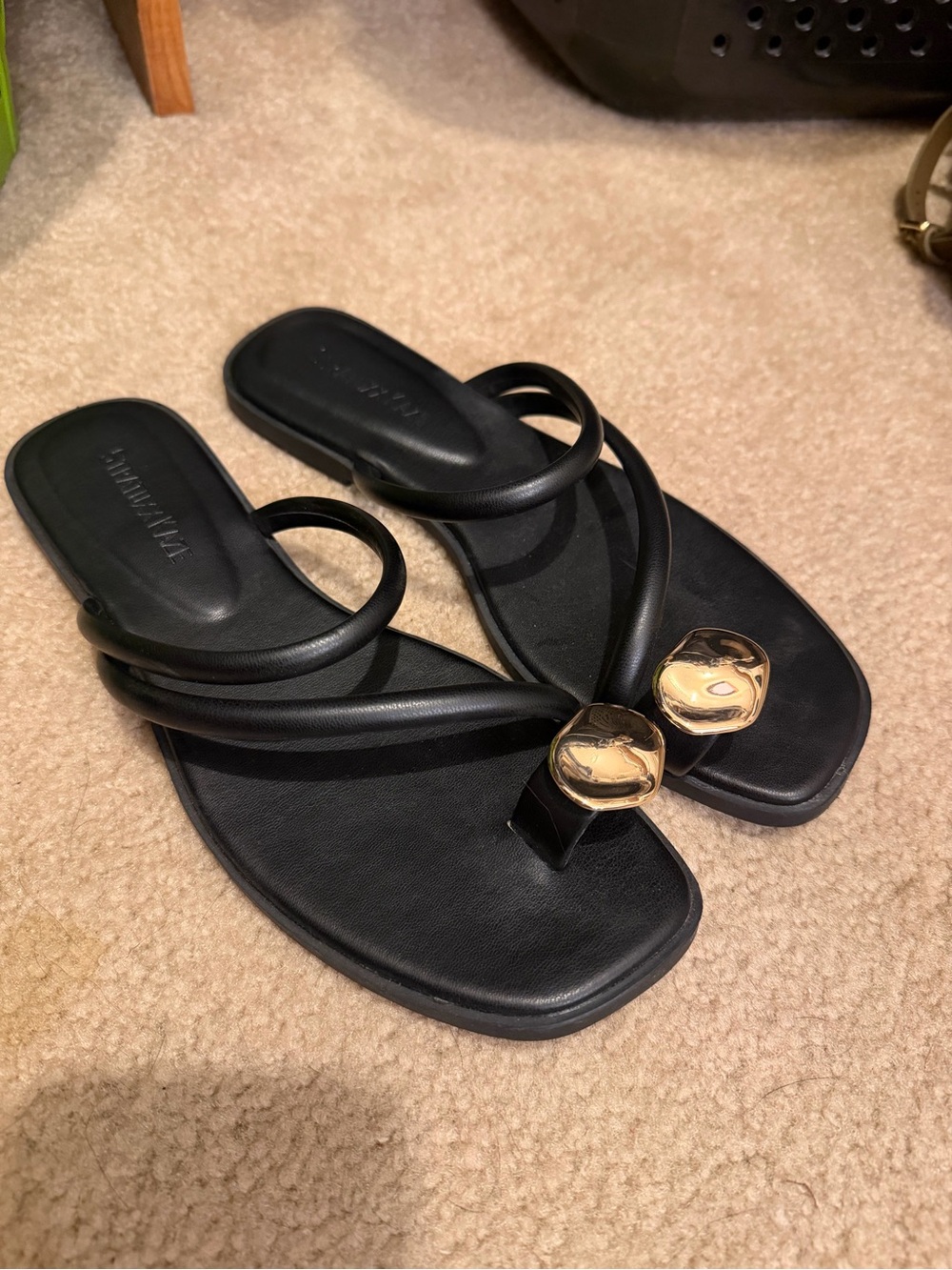 Black Women’s Thong Sandals with Gold Accent